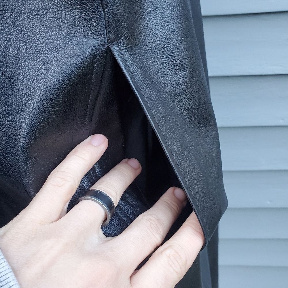Vintage 90s y2k Bratz Black Leather Mod Boho Western Button Front Trench Coat Md - Picture 5 of 9